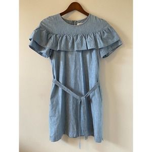 J. Crew Edie Chambray Ruffle Midi Size 2 Light Wash Belted Ruffle Pockets Dress